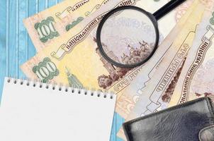 100 Ukrainian hryvnias bills and magnifying glass with black purse and notepad. Concept of counterfeit money. Search for differences in details on money bills to detect fake photo