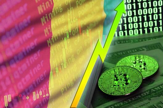 Guinea flag and cryptocurrency growing trend with two bitcoins on dollar bills and binary code display photo