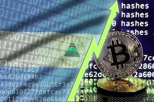 Nicaragua flag and rising green arrow on bitcoin mining screen and two physical golden bitcoins photo