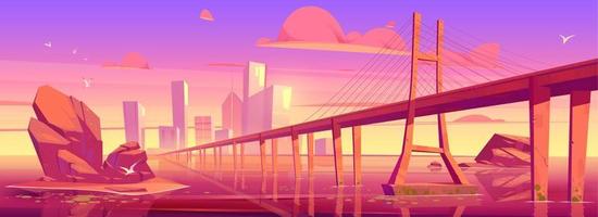 horizonte de la ciudad con edificios y puente al atardecer vector