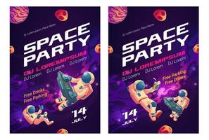 folletos de dibujos animados de la fiesta espacial, invitación al espectáculo de música