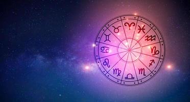 Zodiac signs inside of horoscope circle. Astrology in the sky with many stars and moons  astrology and horoscopes concept photo