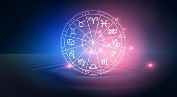 Zodiac signs inside of horoscope circle. Astrology in the sky with many stars and moons  astrology and horoscopes concept photo