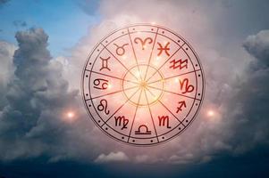 Zodiac signs inside of horoscope circle. Astrology in the sky with many stars and moons  astrology and horoscopes concept photo