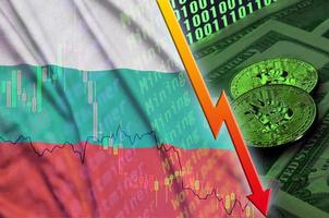 Bulgaria flag and cryptocurrency falling trend with two bitcoins on dollar bills and binary code display photo