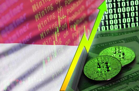 Bandera de Mónaco y tendencia creciente de criptomonedas con dos bitcoins en billetes de dólar y visualización de código binario foto