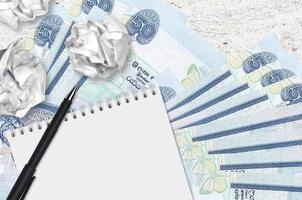 50 Sri Lankan rupees bills and balls of crumpled paper with blank notepad. Bad ideas or less of inspiration concept. Searching ideas for investment photo