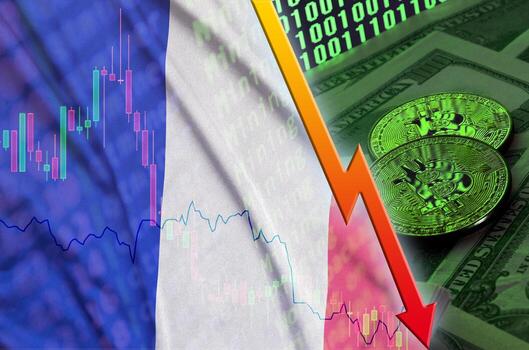 bandera de francia y tendencia de caída de criptomonedas con dos bitcoins en billetes de dólar y visualización de código binario foto