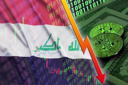 Bandera de irak y tendencia de caída de criptomonedas con dos bitcoins en billetes de dólar y visualización de código binario foto