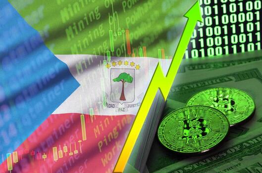 Equatorial Guinea flag and cryptocurrency growing trend with two bitcoins on dollar bills and binary code display photo