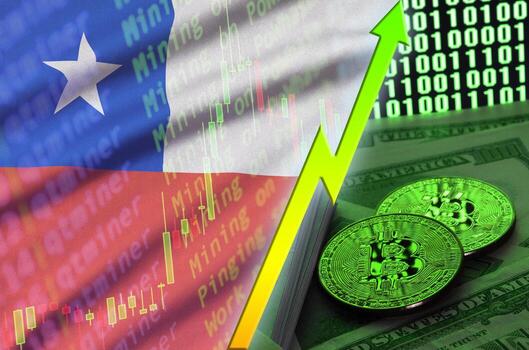bandera chilena y tendencia creciente de criptomonedas con dos bitcoins en billetes de dólar y visualización de código binario foto