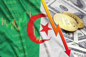 Algeria flag and cryptocurrency falling trend with two bitcoins on dollar bills photo