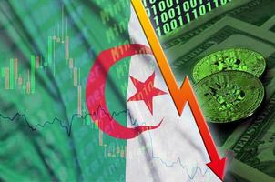 Algeria flag and cryptocurrency falling trend with two bitcoins on dollar bills and binary code display photo