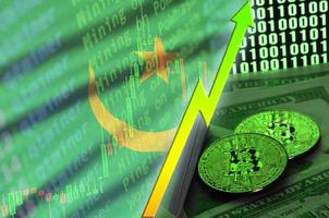 Mauritania flag and cryptocurrency growing trend with two bitcoins on dollar bills and binary code display photo