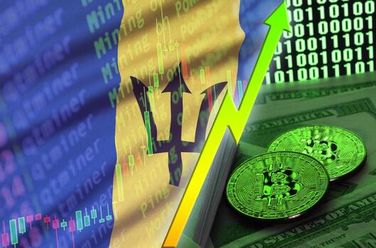 bandera de barbados y tendencia creciente de criptomonedas con dos bitcoins en billetes de dólar y visualización de código binario foto