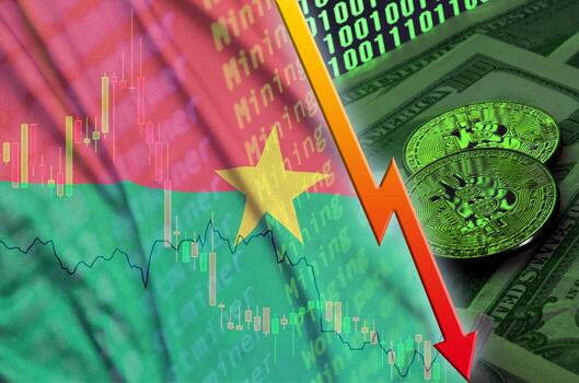 bandera de burkina faso y tendencia de caída de criptomonedas con dos bitcoins en billetes de dólar y visualización de código binario foto