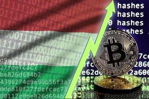 bandera de hungría y flecha verde ascendente en la pantalla de minería bitcoin y dos bitcoins dorados físicos foto