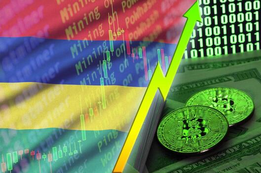 Mauritius flag and cryptocurrency growing trend with two bitcoins on dollar bills and binary code display photo