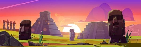 Ancient mayan pyramids and moai statues at sunset vector