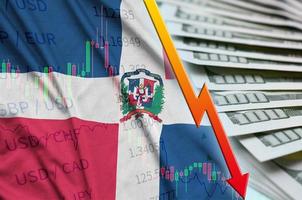 Dominican Republic flag and chart falling US dollar position with a fan of dollar bills photo