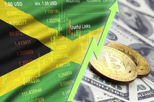 Jamaica flag and cryptocurrency growing trend with two bitcoins on dollar bills photo