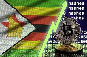 bandera de zimbabwe y flecha verde ascendente en la pantalla de minería de bitcoin y dos bitcoins dorados físicos foto