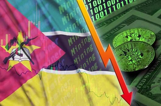 bandera de mozambique y tendencia de caída de criptomonedas con dos bitcoins en billetes de dólar y visualización de código binario foto