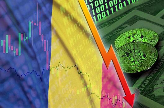 bandera de chad y tendencia de caída de criptomonedas con dos bitcoins en billetes de dólar y visualización de código binario foto