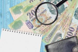 200 Hungarian forint bills and magnifying glass with black purse and notepad. Concept of counterfeit money. Search for differences in details on money bills to detect fake photo