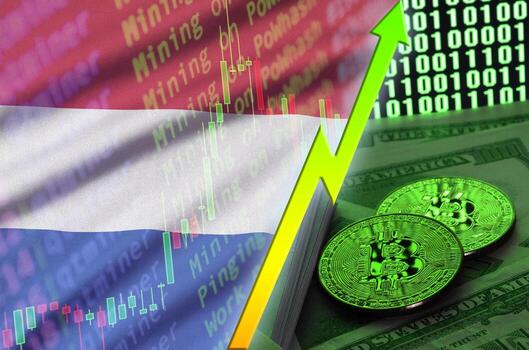 Netherlands flag and cryptocurrency growing trend with two bitcoins on dollar bills and binary code display photo