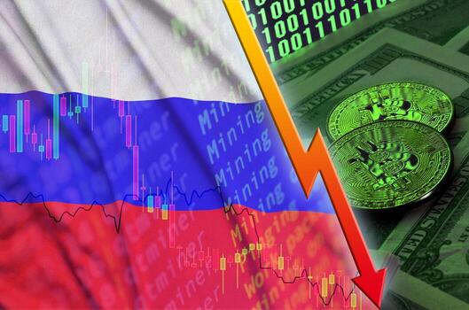 bandera de rusia y tendencia de caída de criptomonedas con dos bitcoins en billetes de dólar y visualización de código binario foto