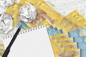 1 Ukrainian hryvnia bills and balls of crumpled paper with blank notepad. Bad ideas or less of inspiration concept. Searching ideas for investment photo