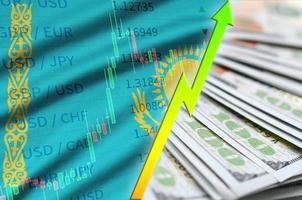 Kazakhstan flag and chart growing US dollar position with a fan of dollar bills photo