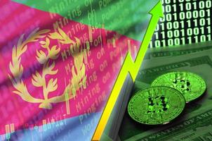 Eritrea flag and cryptocurrency growing trend with two bitcoins on dollar bills and binary code display photo