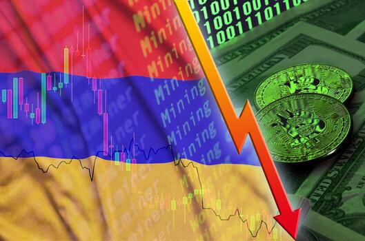 bandera de armenia y tendencia descendente de criptomonedas con dos bitcoins en billetes de dólar y visualización de código binario foto