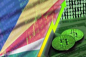 Seychelles flag and cryptocurrency growing trend with two bitcoins on dollar bills and binary code display photo