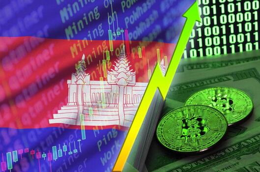 bandera de camboya y tendencia creciente de criptomonedas con dos bitcoins en billetes de dólar y visualización de código binario foto