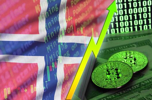 Norway flag and cryptocurrency growing trend with two bitcoins on dollar bills and binary code display photo