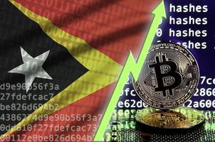 bandera de timor leste y flecha verde ascendente en la pantalla de minería bitcoin y dos bitcoins dorados físicos foto