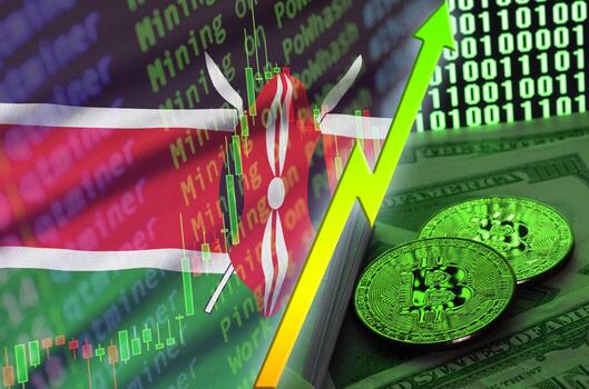 Kenya flag and cryptocurrency growing trend with two bitcoins on dollar bills and binary code display photo