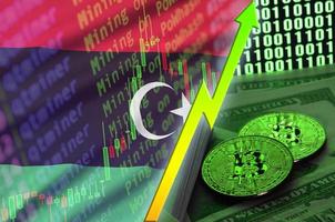 Libya flag and cryptocurrency growing trend with two bitcoins on dollar bills and binary code display photo