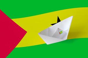 Sao Tome and Principe flag depicted on paper origami ship closeup. Handmade arts concept photo