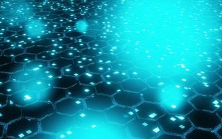 Abstract black and blue color geometric technology background with hexagonal shape, neon light pattern. 3D Render illustration. photo