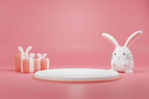 3D rendering cute rabbit cartoon character and gilf box with podium photo