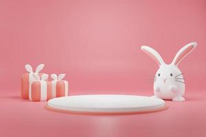 3D rendering cute rabbit cartoon character and gilf box with podium photo