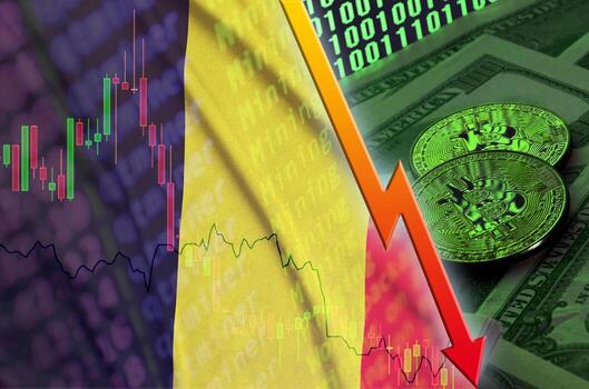 bandera de bélgica y tendencia de caída de criptomonedas con dos bitcoins en billetes de dólar y visualización de código binario foto