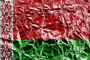 Belarus flag depicted in paint colors on shiny crumpled aluminium foil closeup. Textured banner on rough background photo