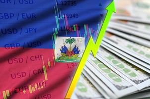 Haiti flag and chart growing US dollar position with a fan of dollar bills photo