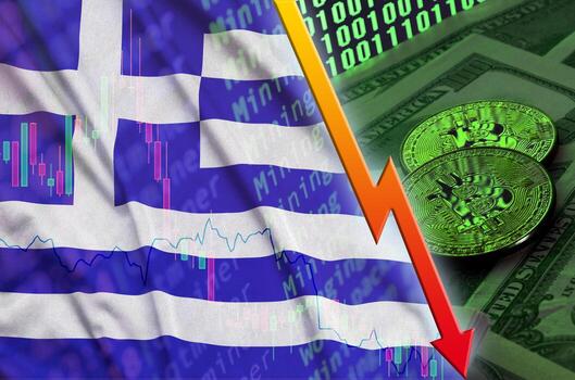 bandera de grecia y tendencia de caída de criptomonedas con dos bitcoins en billetes de dólar y visualización de código binario foto