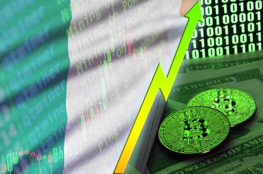 bandera irlandesa y tendencia creciente de criptomonedas con dos bitcoins en billetes de dólar y visualización de código binario foto